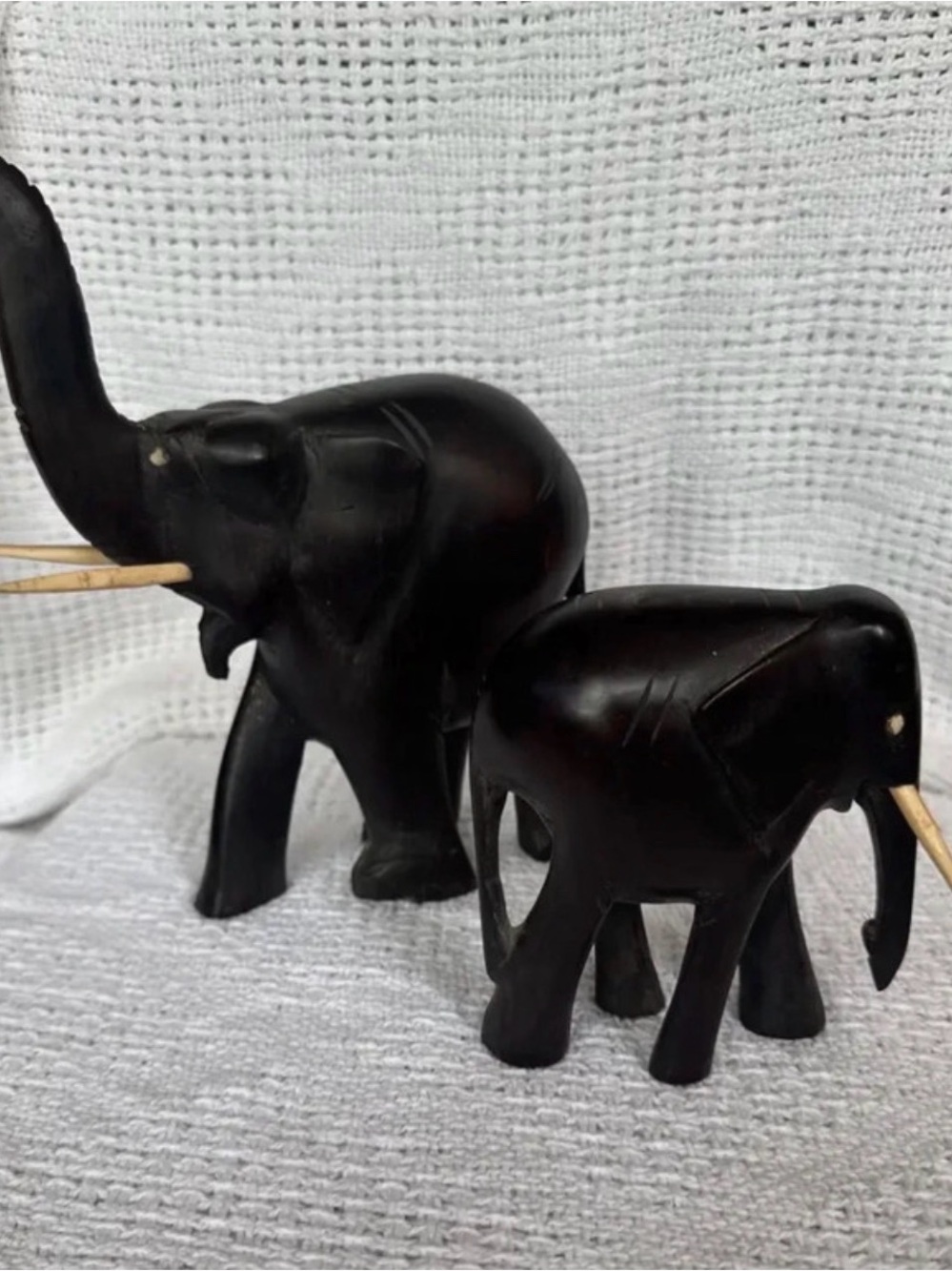 Black Hand-Carved Wooden Elephant Figurines - Set of 2